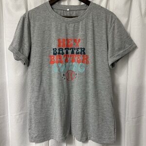 Baseball Mom "Hey Batter Swing" Graphic Tee Gray Short Sleeve Women's XL Cuffed